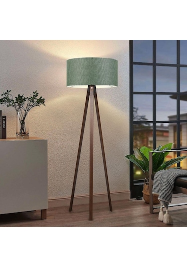 Pratik Ahşap Üç Ayaklı Lambader Yeşil Haki Kumaş Başlık Salon Yatak Odası Köşe Lambası Yeşil