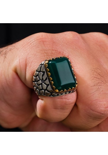 925 Ayar Kare Yeşil Akik Taşlı Tuğla Kasa Gümüş Erkek Yüzük Gümüş
