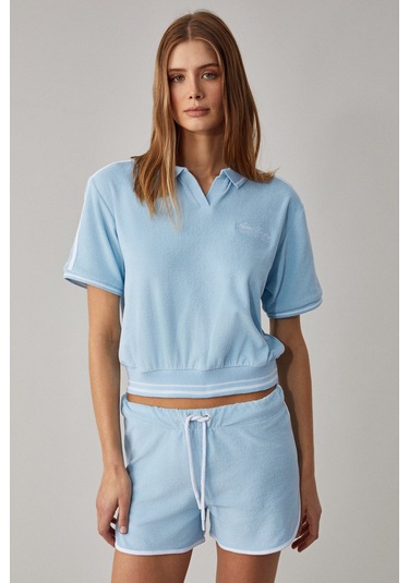 DZENKA Kadın Oversize Geniş Paça Yüksek Bel Mavi Alt-Üst Takım