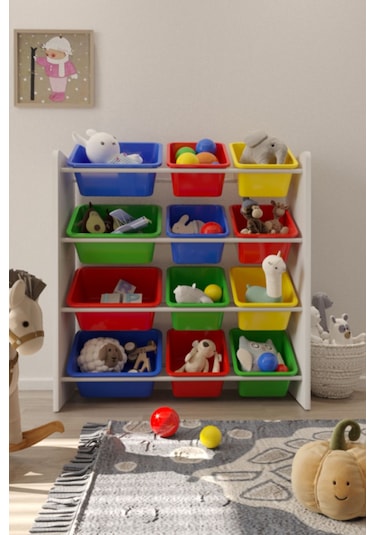 12 Sepetli Çok Amaçlı Oyuncak Dolabı Montessori Dolap Renkli Çok Renkli