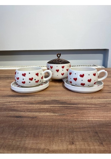 Kalp Desenli El Yapımı Seramik Fincan, Kupa Seti Ve Şekerlik