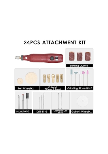 Lemestar 12v El Tipi Mini Freze Seti 5000-15000 Devir Üç Seviye Hız Ayarlı 24 Aksesuar İçeren Avrupa Standartı Plug Kırmızı