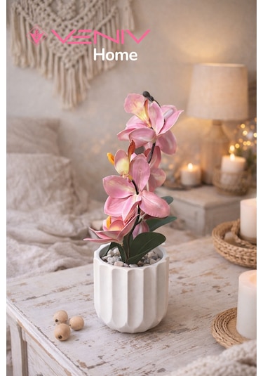 Dekoratif Yapay Pembe Orkide + Saksı - 40 Cm Pembe