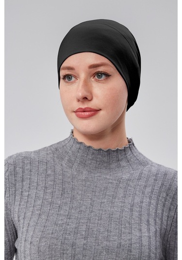 Kadın Tesettür Hazır Pratik Geçmeli Bone Lastikli Kaymaz Siyah