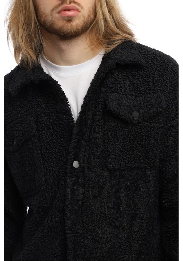 Erkek Kıvırçık Peluş Cıt Cıt Kapamalı Ceket Siyah
