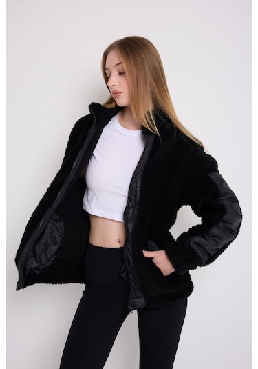 Kadın Siyah Rüzgar Geçirmez Welsoft Çift Cepli Kışlık Mont Siyah