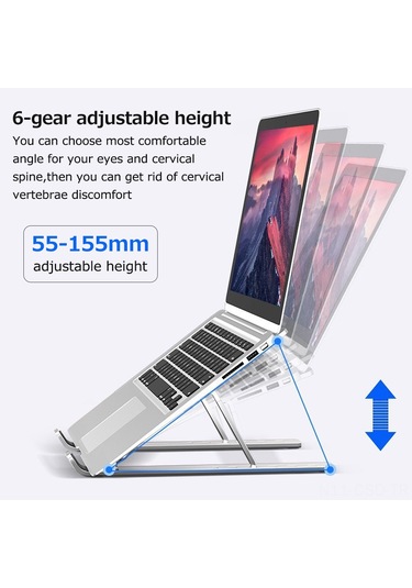 Samdoo Alüminyum Notebook Standı: 6 Seviye Yükseklik Ayarlı, Soğutucu Fonksiyonlu, Taşınabilir Katlanabilir Bilgisayar Yükseltici Tray Gümüş