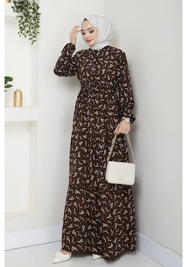 Yaprak Desenli Bağlamalı Viskon Elbise - Kahverengi / E0125 Kahverengi