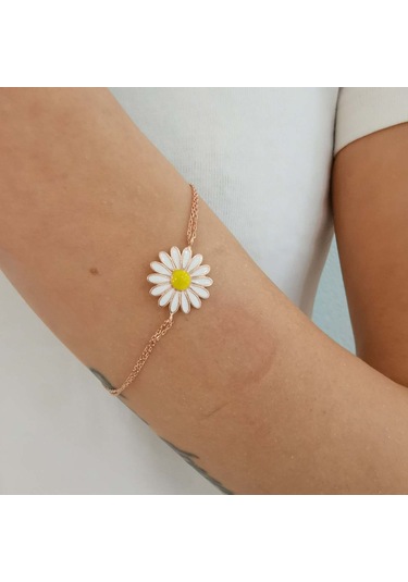 Papatya  Gümüş Bayan Bileklik Kare Montür Rose
