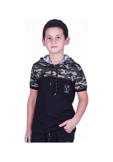 Kamuflaj Desenli Kapşonlu Haki Erkek Çocuk T-shirt Haki