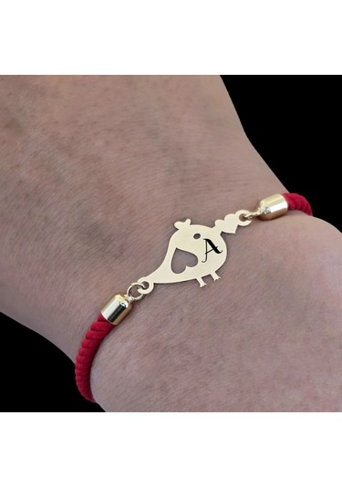 Archin A Harfine Özel Minik Kuş Motifli Kırmızı Örgülü 14 Ayar Altın Plakalı Hediye Bileklik-363harf A