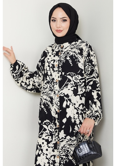 Dilşen Düğmeli Dokuma Viskon Elbise 1562 - Siyah Siyah