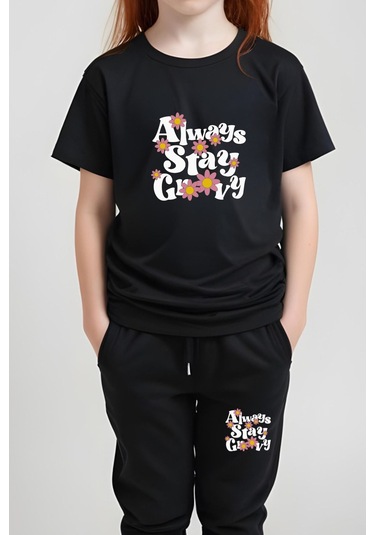 Always Stay Baskılı Kız Çocuk Tişört Ve Eşofman Alt-üst Takım Siyah