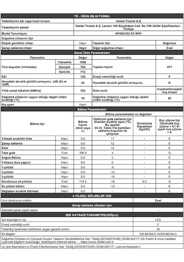 Vestel NFK52102 EX WIFI 471 LT No-Frost Kombi Tipi Buzdolabı