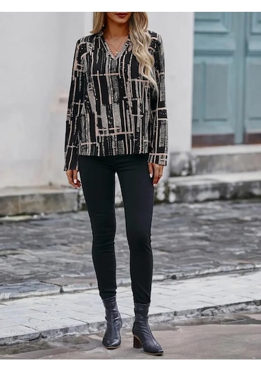Kadın Uzun Kollu V Yakalı Desenli Dalgıç Bluz Siyah