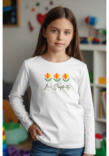 Yuvarlak Yaka Çiçek Baskı Detaylı Kız Çocuk Sweatshirt Beyaz