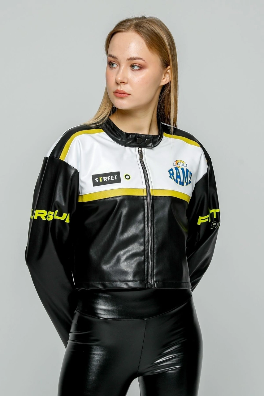 Kadın Oversize Baskılı Deri Şeritli Motorcu Montu Kısa Fermuarlı Yarışçı Ceketi Bomber Kolej Mont Sarı
