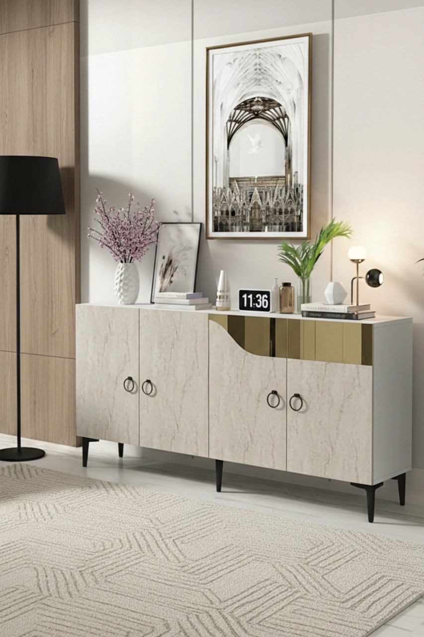 Ka1514btg Gama Konsol, Kahve Köşesi, Tv Sehpası Beyaz-traverten Kapak-gold 150cm Beyaz