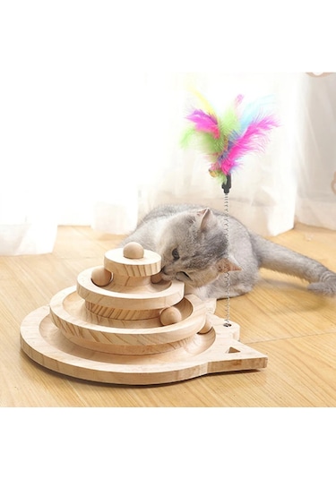 Hpytech Ahşap Kedi Oyuncağı Toplu Zeka Oyuncağı & Tüylü Olta Seti