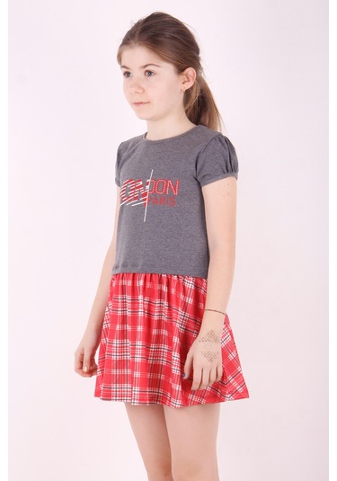 Toontoy Kız Çocuk Baskılı Desenli Elbise Antrasit Melanj