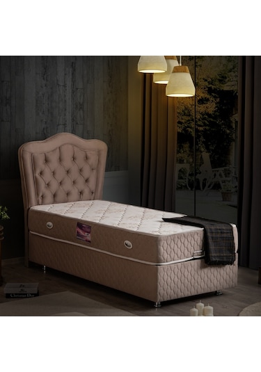 Setaymobilya Baza, Camelli Gri Tek Kişilik Baza + Başlık + Ortopedik Yatak