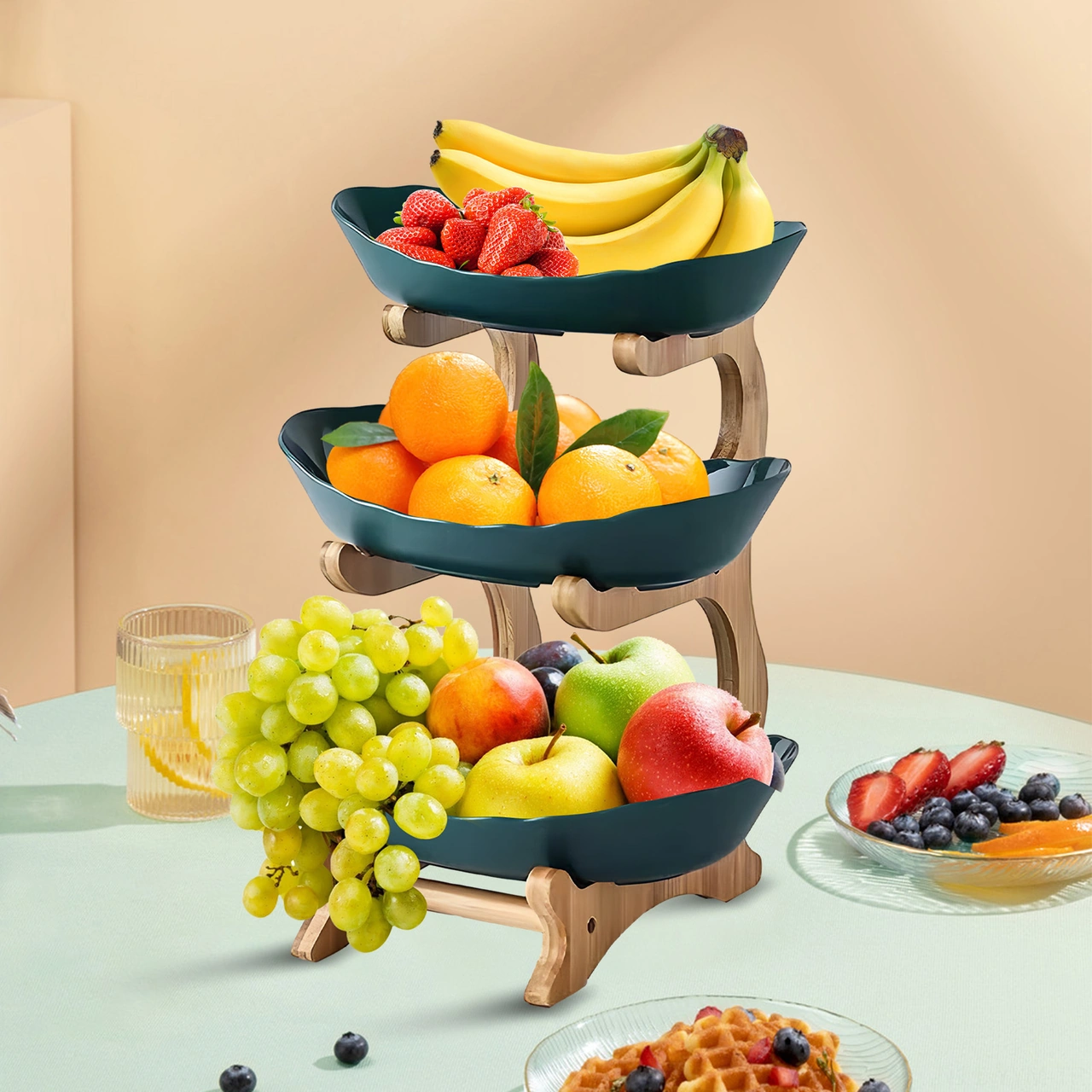 Geeksen Koyu Yeşil 3 Katlı Bambü Plastik Mutfak Sepeti - Meyve, Atıştırmalık, Tatlı Serim Panosu - Oturma Odası, Çay Masası Dekoratif Sunum Rafı Koyu Yeşil