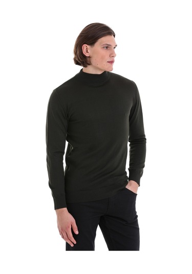 Hatemoğlu Haki Regular Fit Düz Yarım Balıkçı Yaka Yünlü Triko Kazak Haki