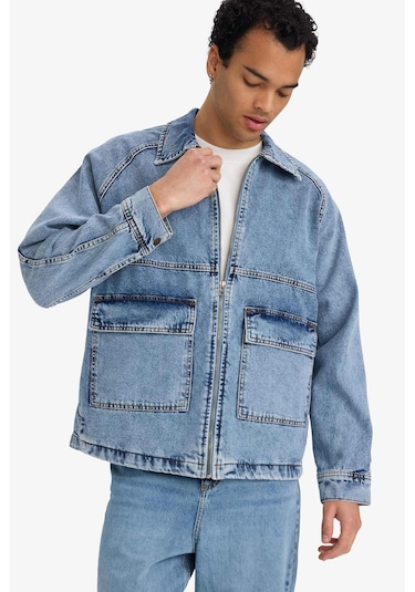 Defacto Relax Fit Fermuarlı Denim Ceket F0097ax25aunm39 Mavi