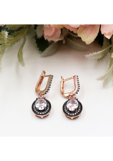 Büyük Oval Sallantılı Etrafı Taşlı Tek Taş Set Rose Gold - Gümüş