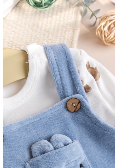 Fiğürlü Kışlık Kadife Erkek Bebek Salopet Tulum Set mavi