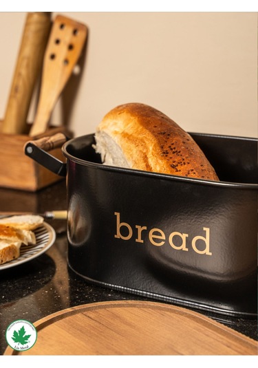 Ahşap Kapaklı Ahşap Kulplu Metal Ekmeklik Bread Baskılı - Siyah Siyah