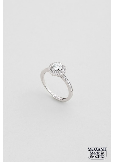 Işıltılı Mozanit 18 Ayar Beyaz Altın Kaplama Ayarlanabilir Gümüş Yüzük Beyaz