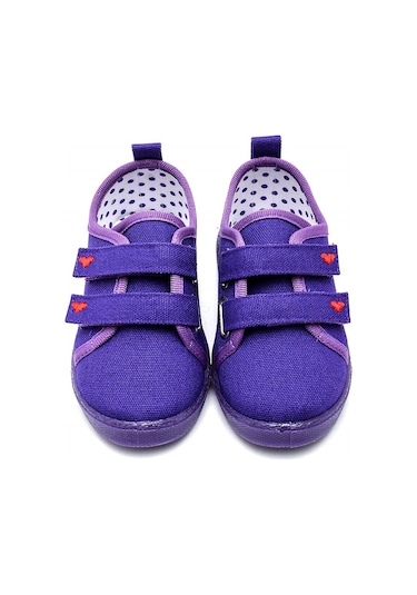 Çift Cırtlı Kalpli Çocuk Keten Spor Ayakkabı-mor-f-499 Mor