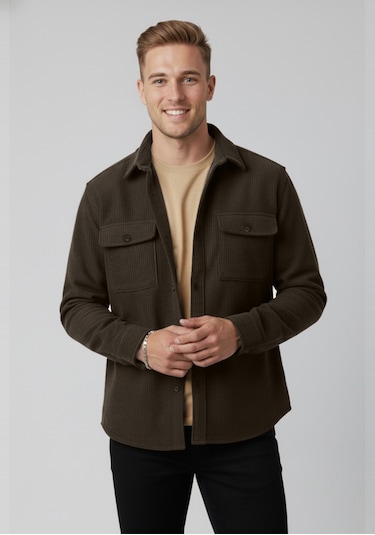 Deepsea Kahve Cepli Likralı Kadife Kumaş Rahat Kesim Erkek Gömlek Yumuşak Dokulu, Şık Tasarım Gömlek 2600759 Kahve