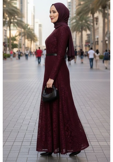 Bestenur Dantel İçi Astarlı Kemerli Elbise 1685 - Bordo Bordo