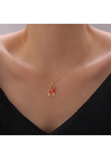925 Ayar Gümüş Mineli Yılbaşı Geyik Figürü Kolye Gold