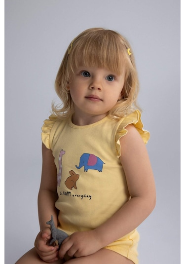 DeFacto Kız Bebek Yenidoğan Bisiklet Yaka Hayvan Desenli Fitilli Kaşkorse Kısa Kollu Çıtçıtlı Body E7945A525SMYL488 Sarı