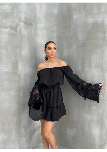 Nana & Mayka Moda Kadın Siyah Madonna Yaka Mini Elbise Bohem Tarz Püsküllü Kuşaklı Yazlık Siyah