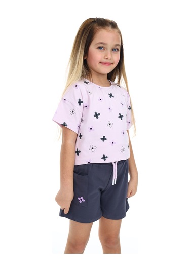 Toontoy Kız Çocuk Garni Komple Çiçek Baskılı Şortlu Takım Açık Lila