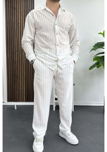 Alaçatı Stili Erkek Krep Kumaş Çizgili Gömlek Ve Pantolon Takım Beyaz