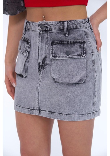 Zeo Basic Kargo Cepli Grey Mini Skirt Gri