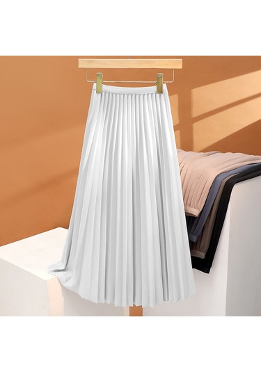 Yeni Yazlık Yüksek Kaliteli Mizaç Pileli Etek Dökümlü Yüksek Bel Orta Uzunluk Beyaz