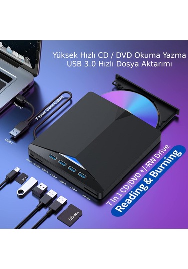 Valkyrie Harici Cd Dvd Rom Yazıcı Okuyucu Usb 3.0 Hub Çoğaltıcı Tf Sd Kart Okuyucu 7in1