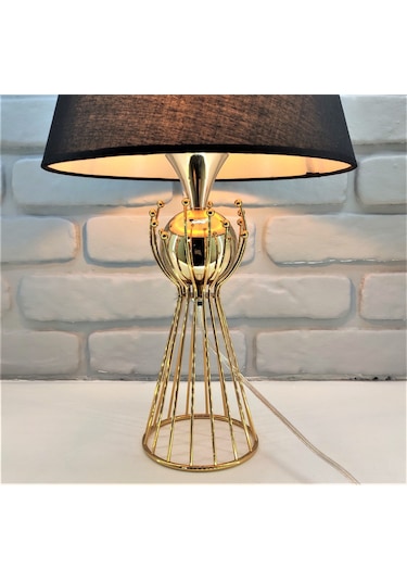 Gold Kaplama Sude Toplu Metal Ayaklı Siyah Kumaş Şapkalı Abajur Altın