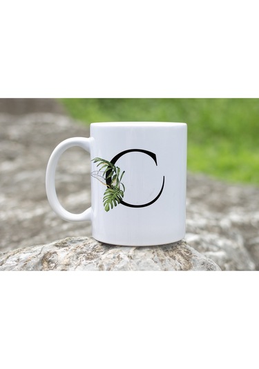 C Harf Zarif Yaprak Desenli Kupa Bardak - Naturel Sade Alfabe Harfli Bardak - Kişiye Özel Hediye Beyaz