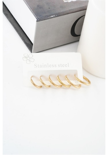 Kadın Kararmaz 316 L Çelik 6'lı Halka Set Küpe - Altın