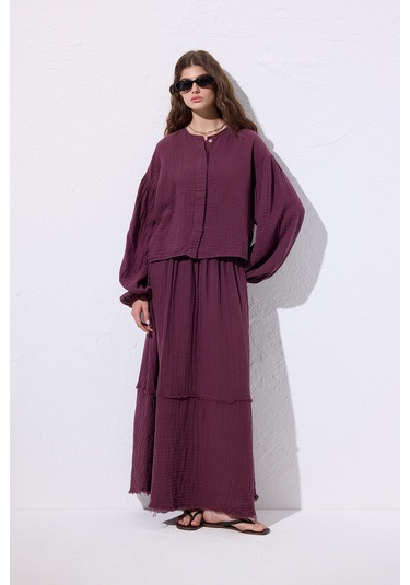 Müslin Katlı Geniş Etek Mürdüm Mürdüm