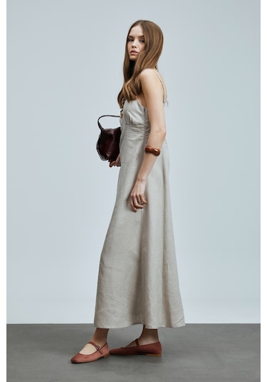 Lufian Selene Kadın Askılı Keten Elbise Bej Bej 121290015100550 Bej