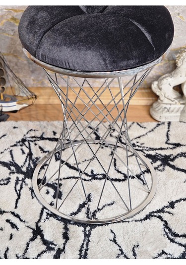 Yuvarlak Krom Kaplama Krem Puf Oturak - Bench - Ayak Ucu Oturak - 001