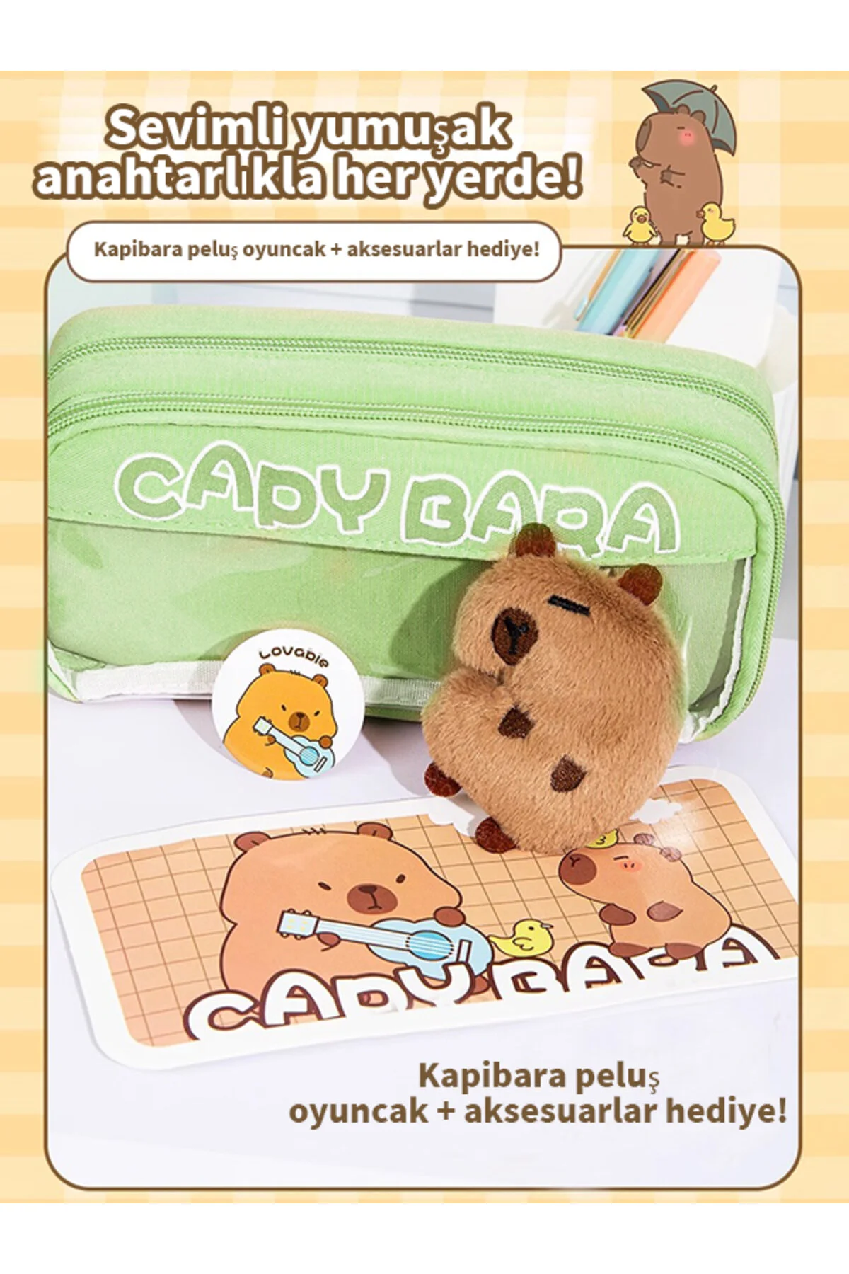 Capy Bara-40 Kalem Kapasiteli Çift Katlı Kalemlik Rastgele Broş & Oyuncak - Sütlü Kahverengi Sütlü Kahverengi